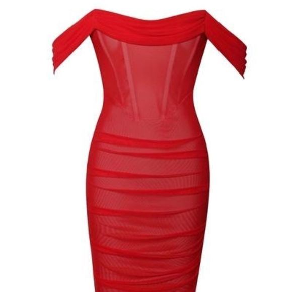 🔥Red Off Shoulder Mesh Corset Dress - Picture 8 of 16